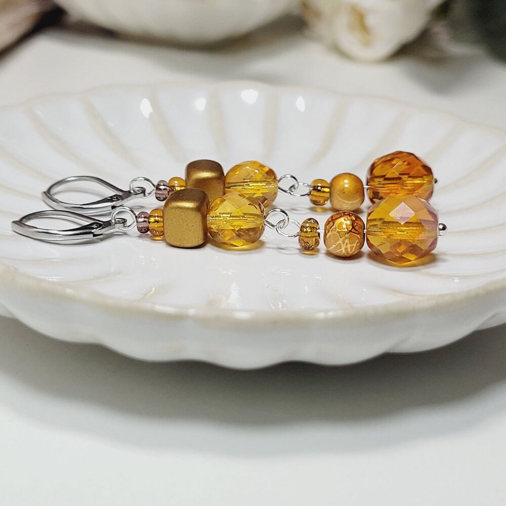 Amber Glass Leverback earrings handmade Secret Lore earrings  Earthy Boho   689■